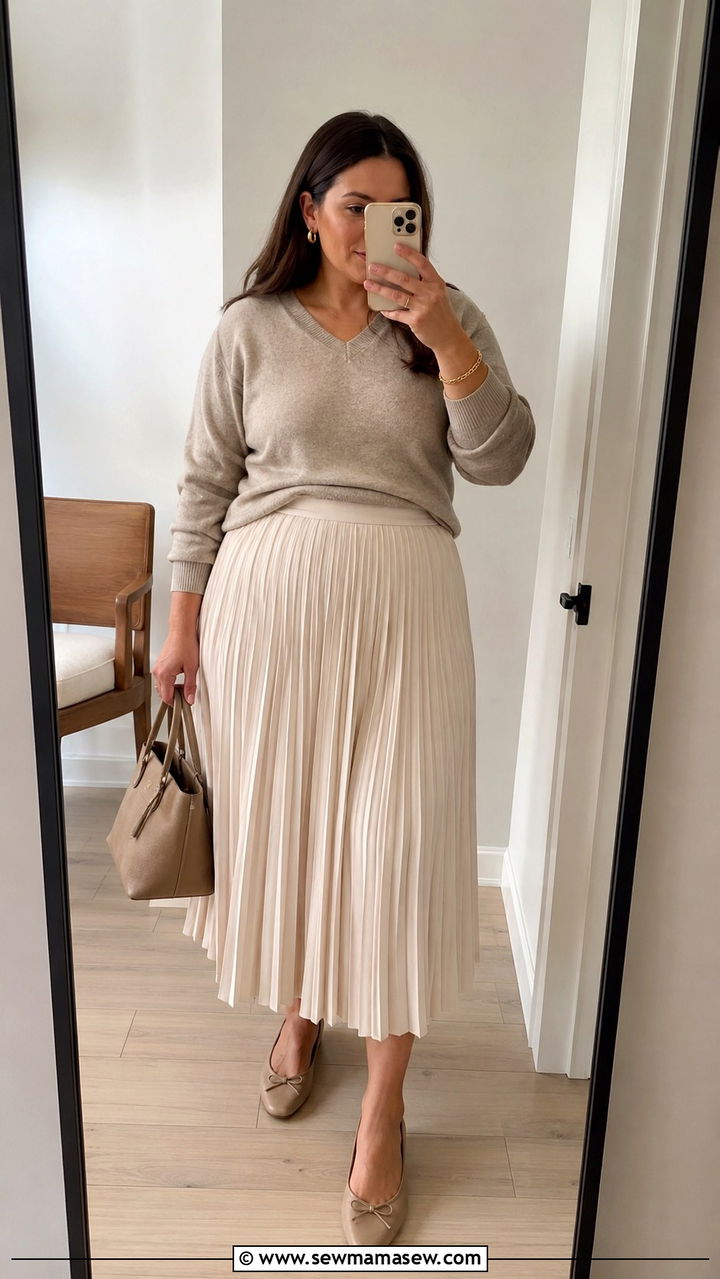 Cashmere Sweater with Pleated Midi Skirt and Ballet Flats - 30 Old money outfits plus size