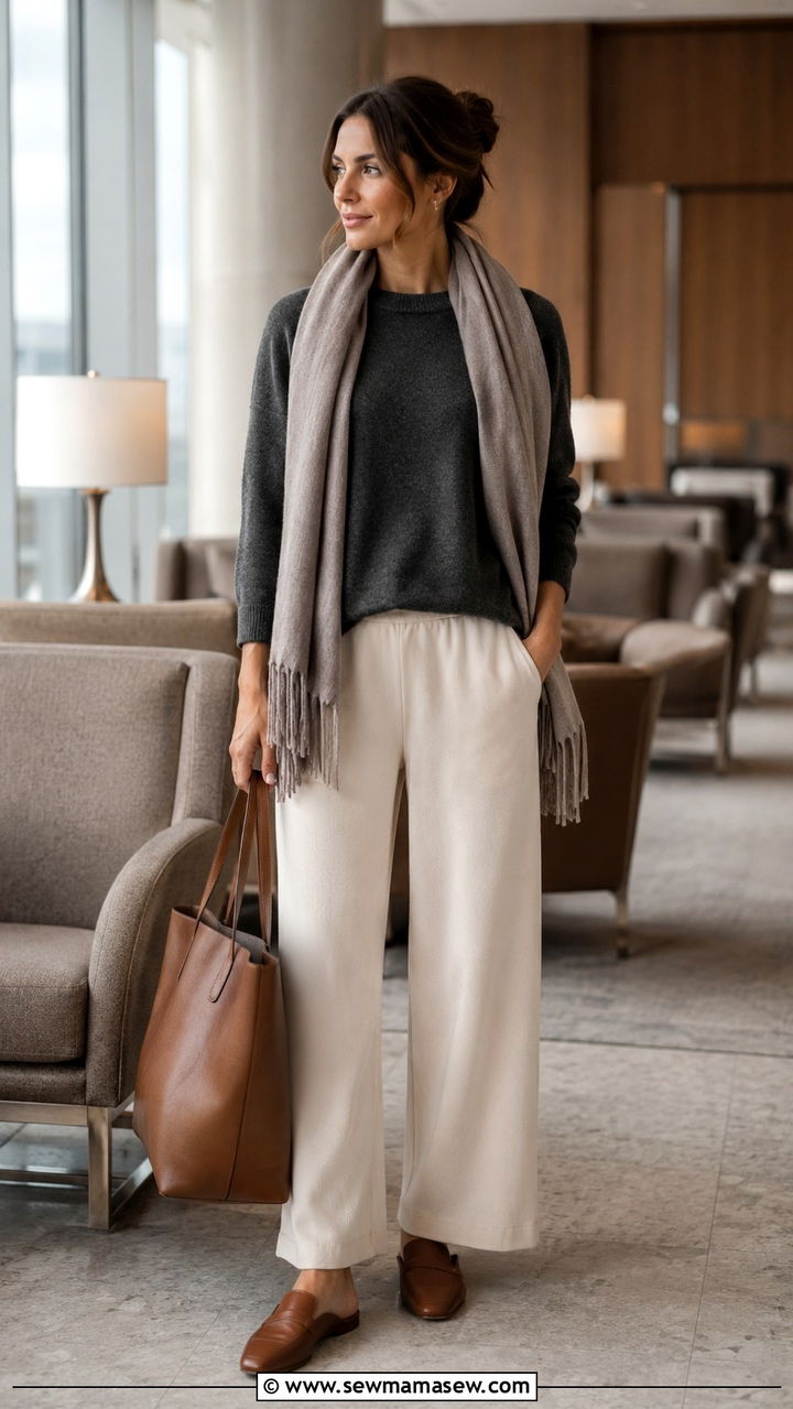 Cashmere Sweater with Pull On Wide Leg Pants - 30 Travel outfit ideas for moms