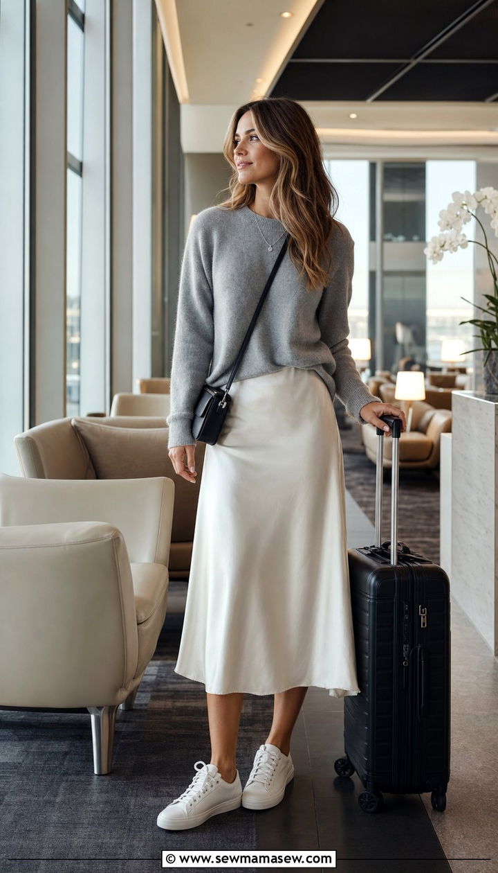 Cashmere Sweater with Satin Midi Skirt - 25 Clean girl outfit ideas for airport