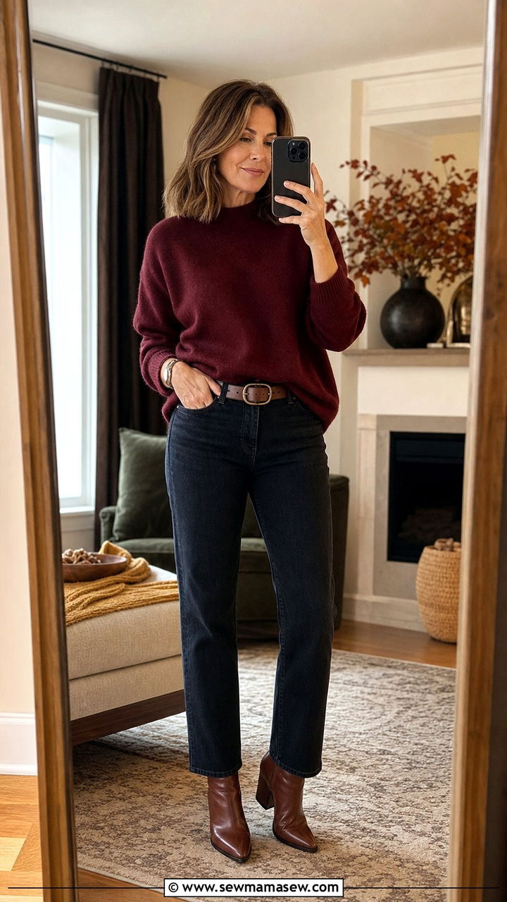 Cashmere Sweater with Straight Jeans and Ankle Boots - 25 comfortable outfit ideas for women over 40