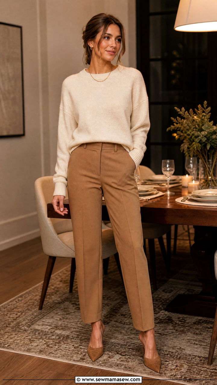 Cashmere Sweater with Tailored Trousers - 25 Host outfit ideas for dinner party