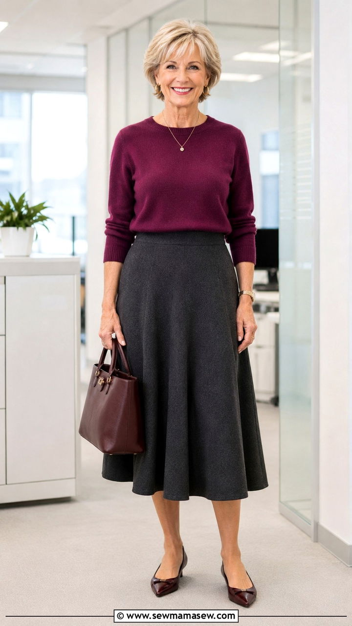 Cashmere Sweater with a Midi Skirt - 20 Work outfit ideas for women over 60 2026