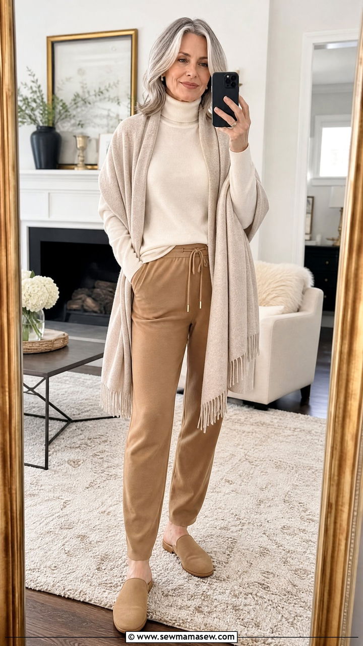 Cashmere Turtleneck And Drawstring Trousers - 25 Loungewear outfit ideas for women over 50