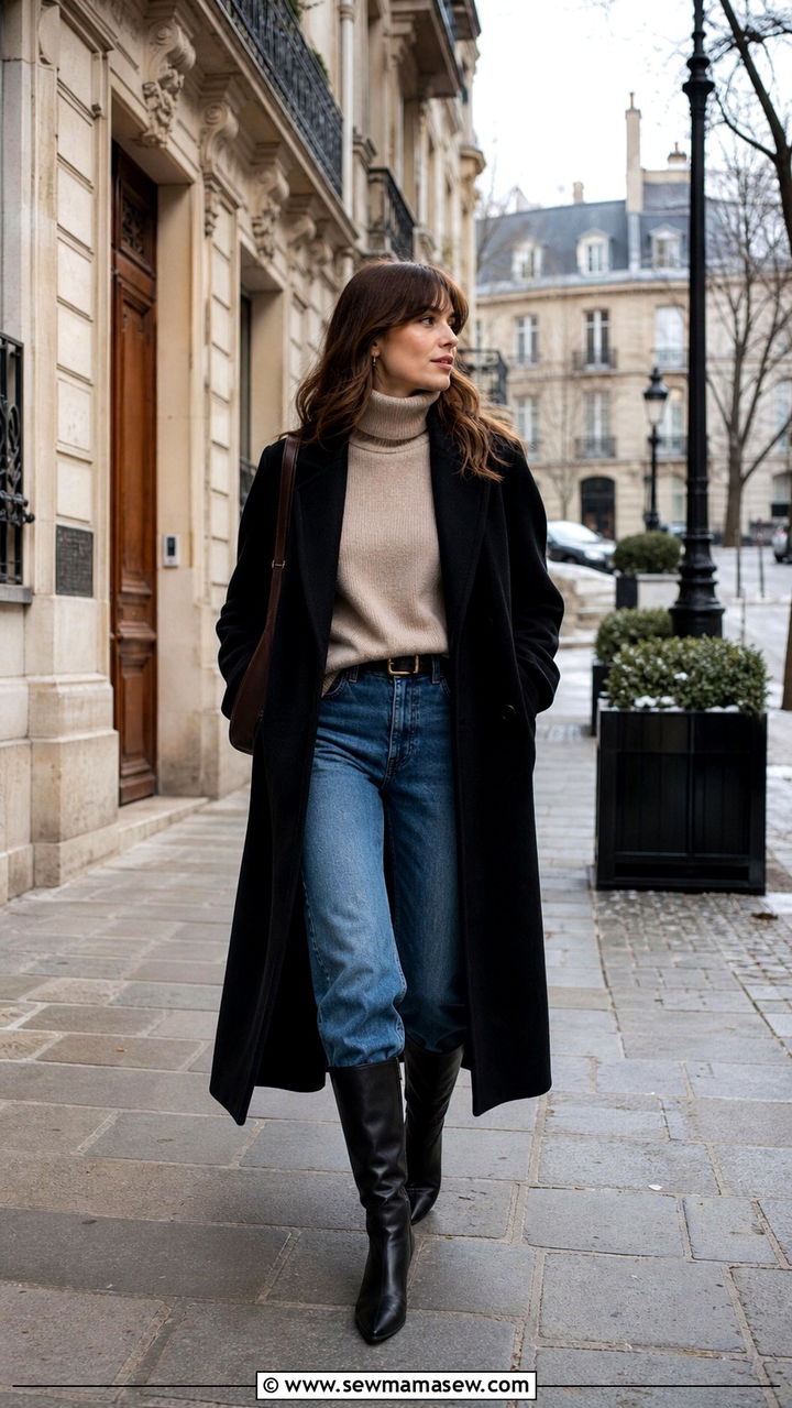 Cashmere Turtleneck With Barrel Leg Jeans and Knee High Boots - 40 Paris outfit ideas