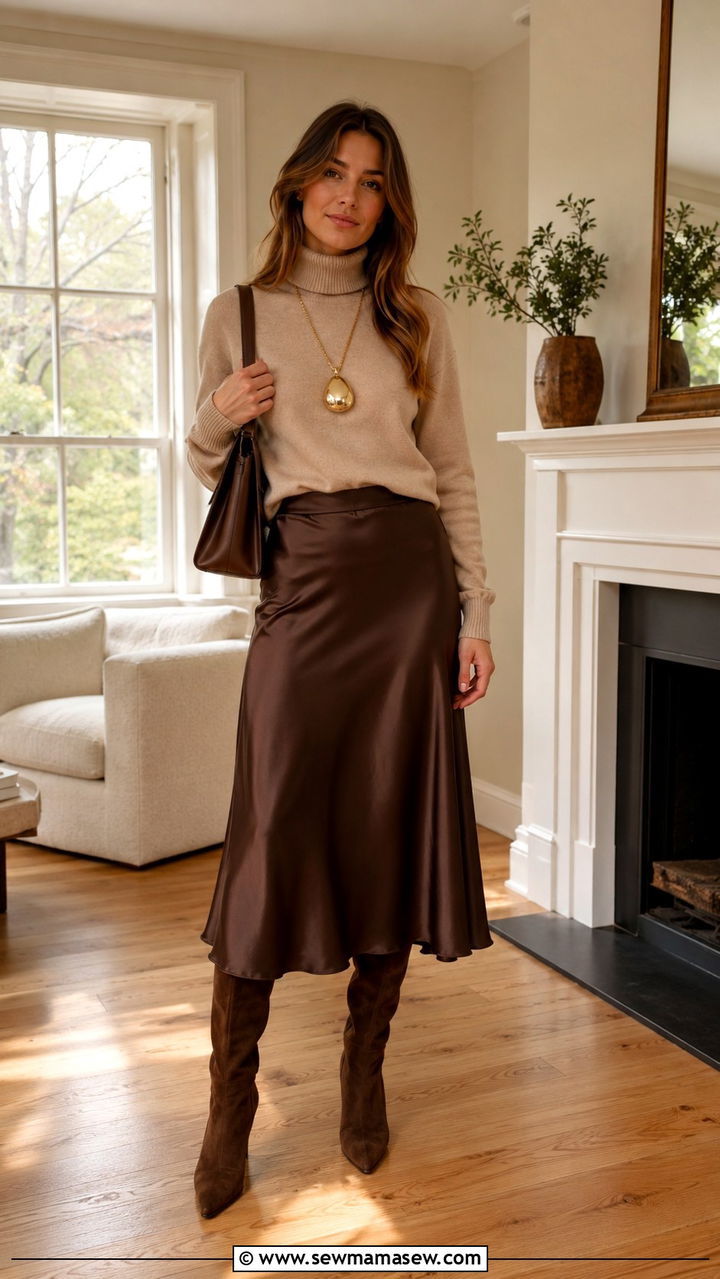 Cashmere Turtleneck With Chunky Gold Pendant And Midi Skirt - 20 Glamoratti outfit ideas chunky gold jewelry