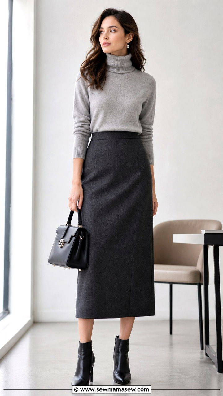 Cashmere Turtleneck With Midi Skirt And Ankle Boots - 40 work outfits