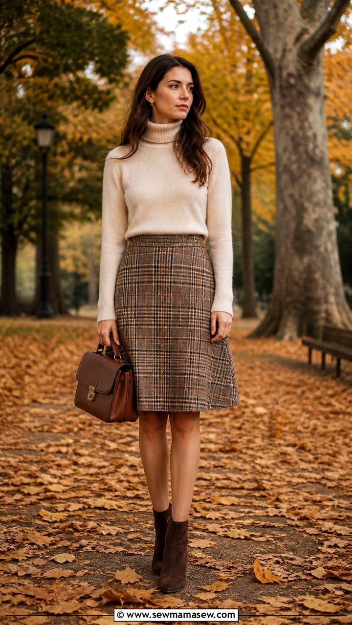 Cashmere Turtleneck With Plaid Wool Skirt and Ankle Boots - 40 old money outfit ideas for women