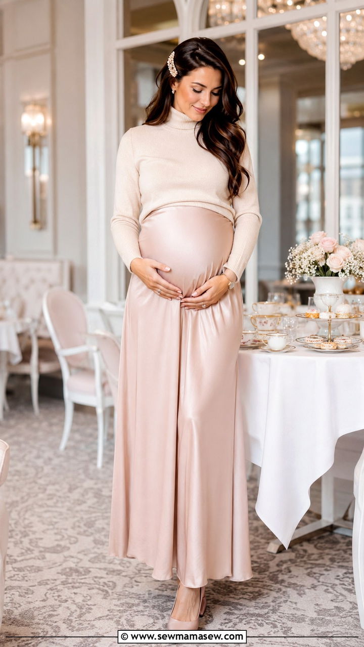 Cashmere Turtleneck With Satin Maxi Skirt - 25 seasonal baby shower outfit ideas