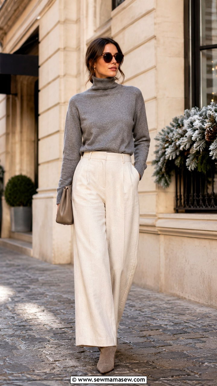 Cashmere Turtleneck With Wide Leg Linen Pants - 25 Wide leg linen pants outfit ideas with a sweater