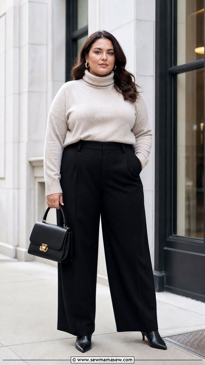 Cashmere Turtleneck With Wide Leg Trouser Outfit - 25 Quiet luxury outfit ideas plus size