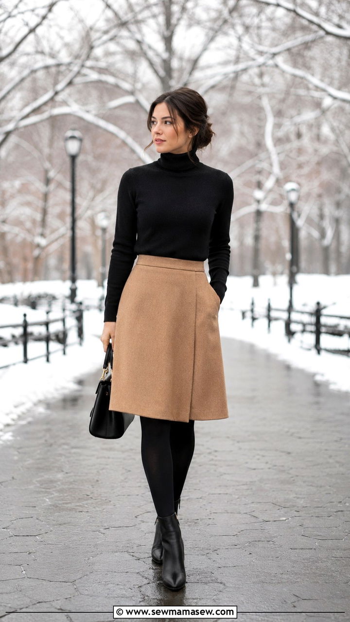 Cashmere Turtleneck and A Line Skirt - 30 Old money outfits for petite women