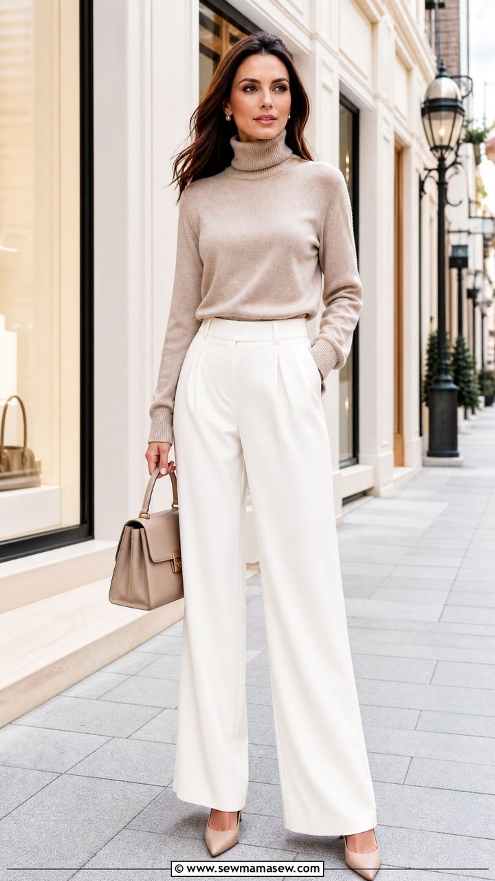 Cashmere Turtleneck and Wide Leg Trousers Outfit - 30 elegant outfits ideas