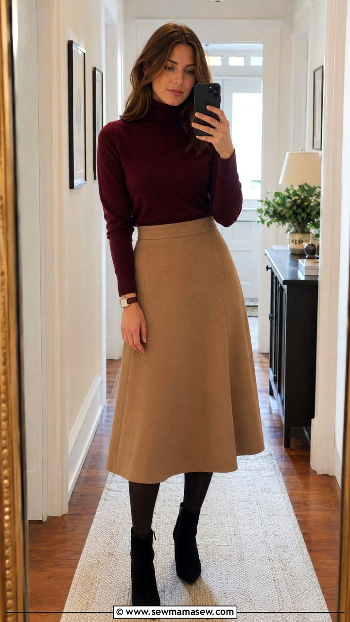Cashmere Turtleneck and Wool A Line Skirt - 25 Old money outfit ideas with cashmere