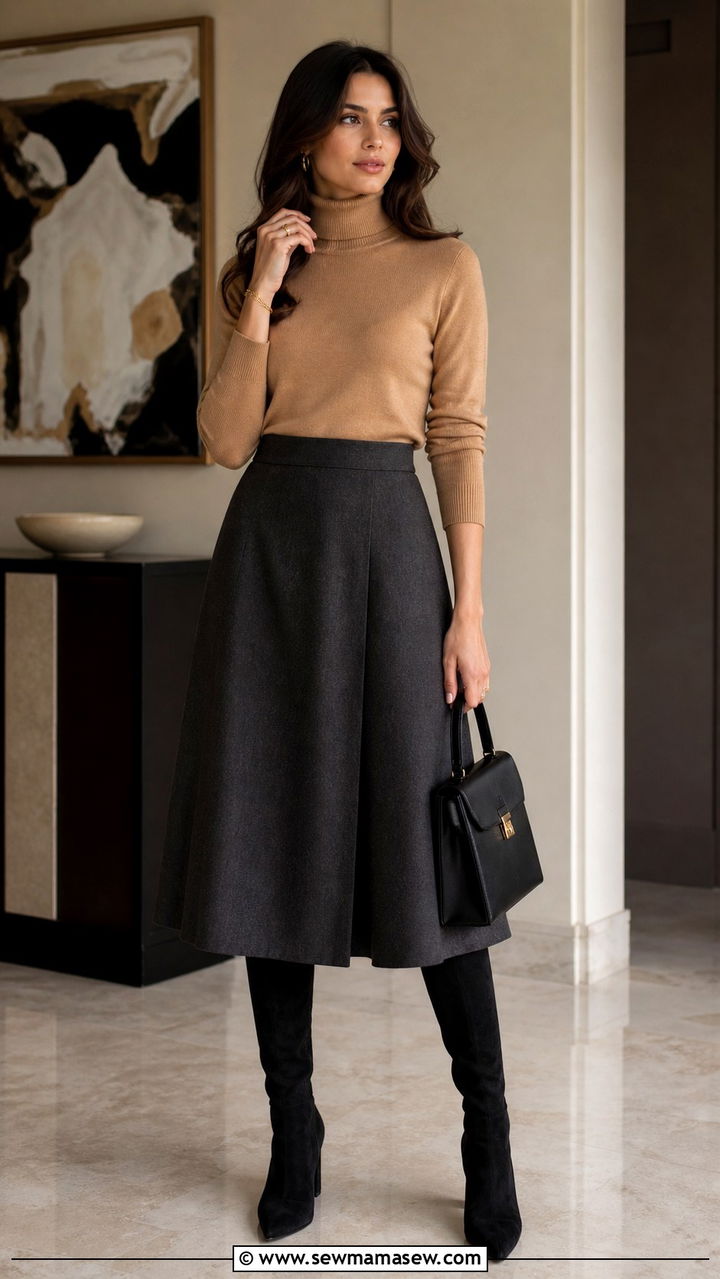 Cashmere Turtleneck with A Line Midi Skirt - 40 business casual outfits for women