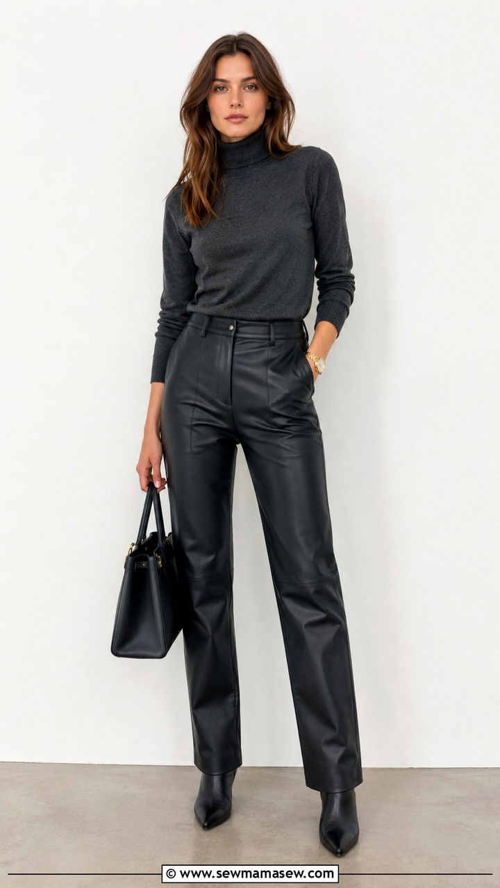 Cashmere Turtleneck with Black Leather Trousers - 30 quiet luxury outfits aesthetic