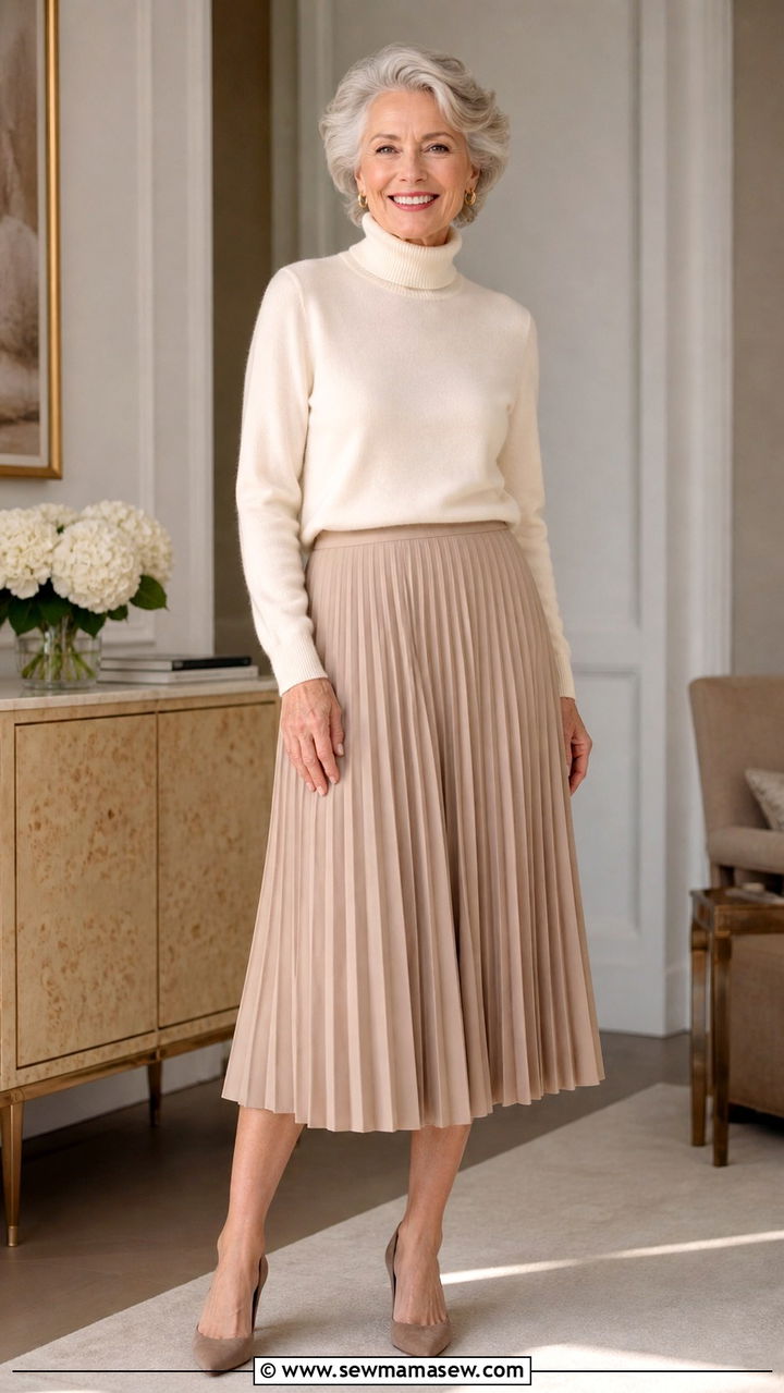 Cashmere Turtleneck with Pleated Midi Skirt - 20 65 year old woman outfit ideas