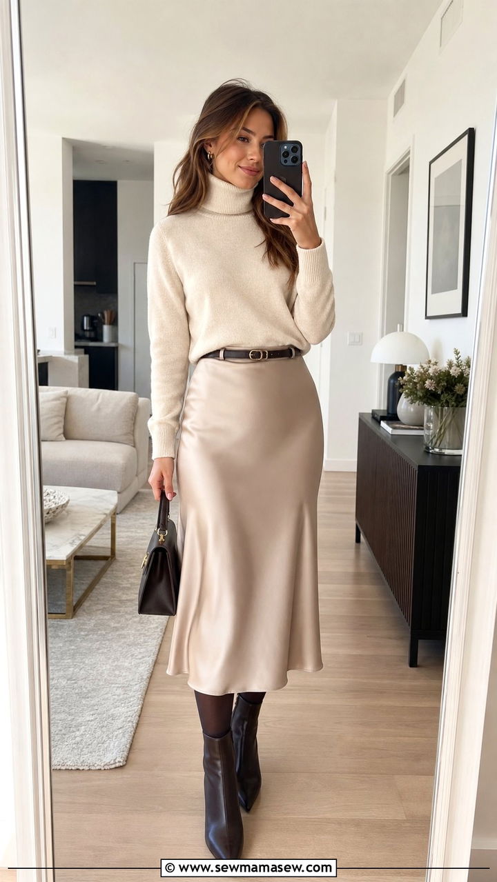 Cashmere Turtleneck with Satin Midi Skirt - 25 elegant outfits inspo