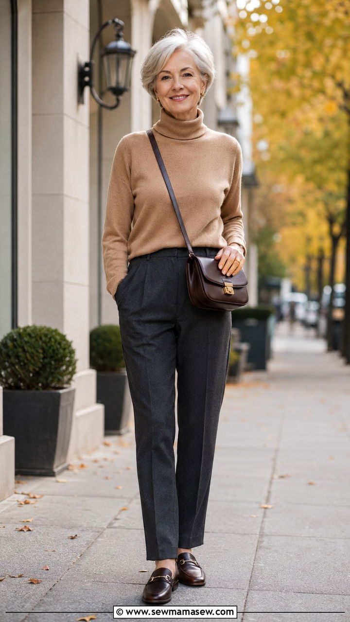 Cashmere Turtleneck with Tailored Wool Trousers - 25 Modest outfit ideas for women over 60