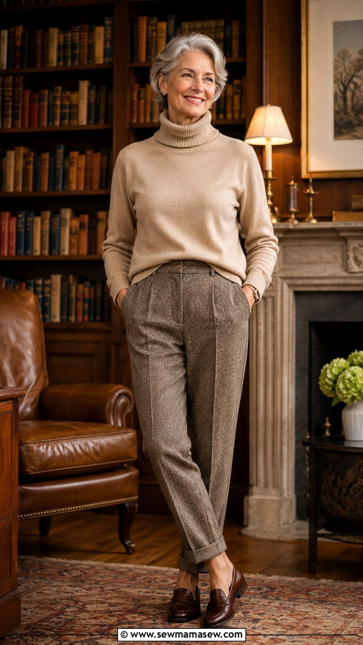Cashmere Turtleneck with Tweed Trousers and Leather Loafers - 30 Capsule wardrobe women over 50