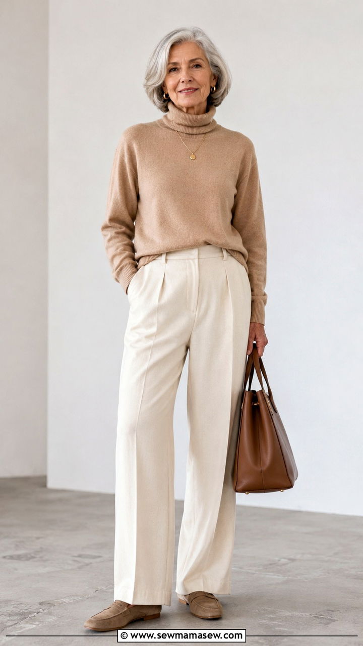 Cashmere Turtleneck with Wide Leg Trousers - 20 Quiet luxury outfit ideas for women over 60