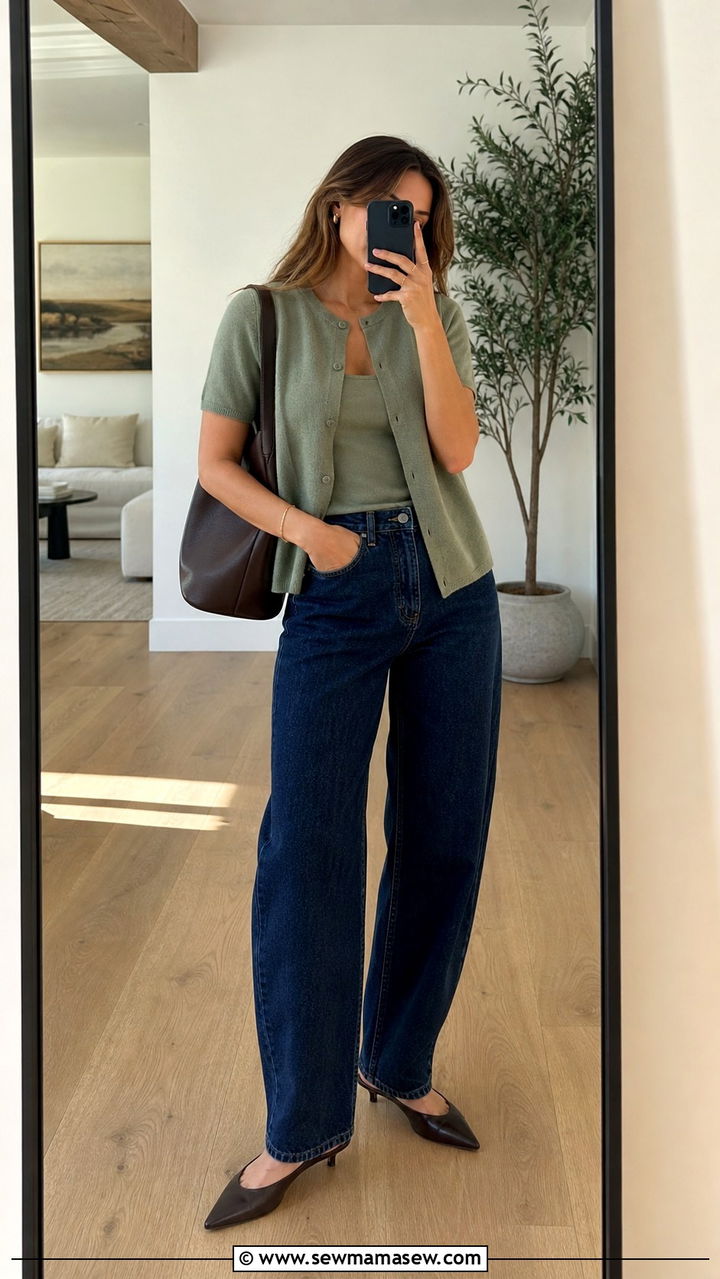 Cashmere Twin Set With Barrel Leg Jeans - 40 Spring wardrobe ideas