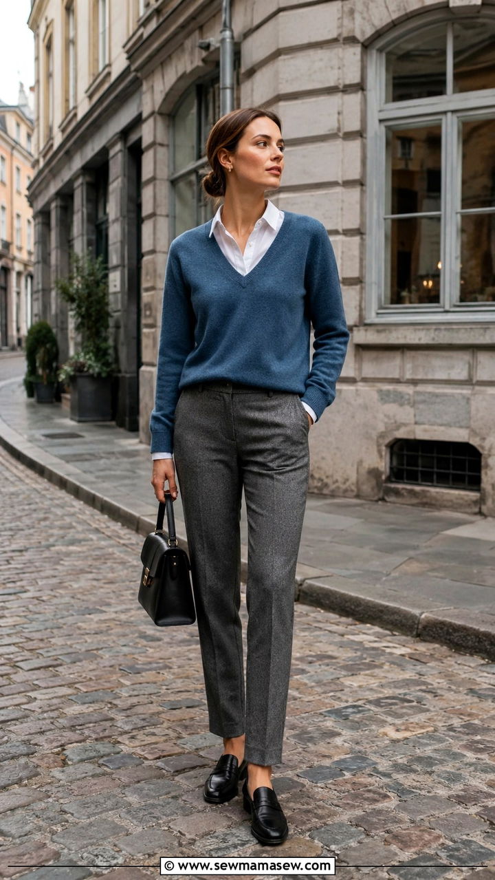Cashmere V Neck and Tweed Trousers - 25 Old money outfit ideas with cashmere
