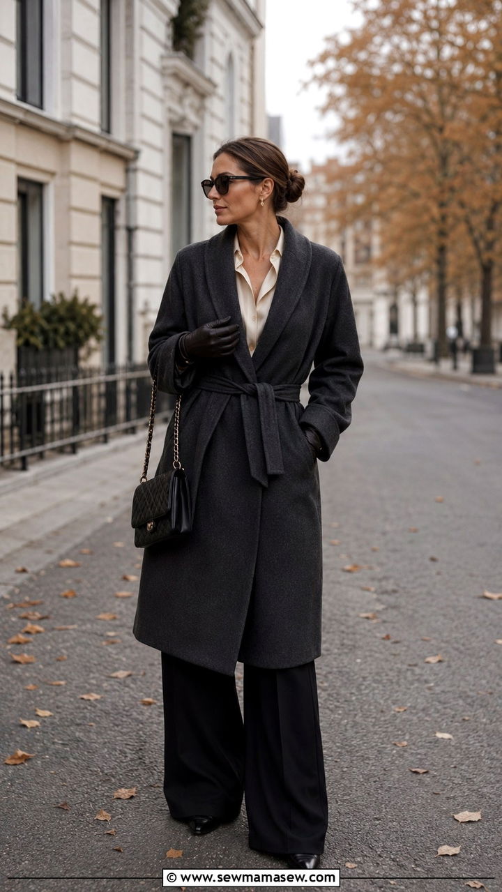 Cashmere Wrap Coat and Silk Blouse - 25 Old money outfit ideas with cashmere