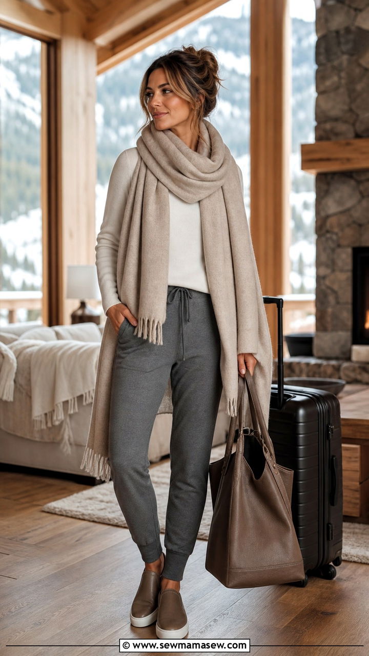 Cashmere Wrap Outfit With Elevated Travel Joggers - 40 classy vacation outfits