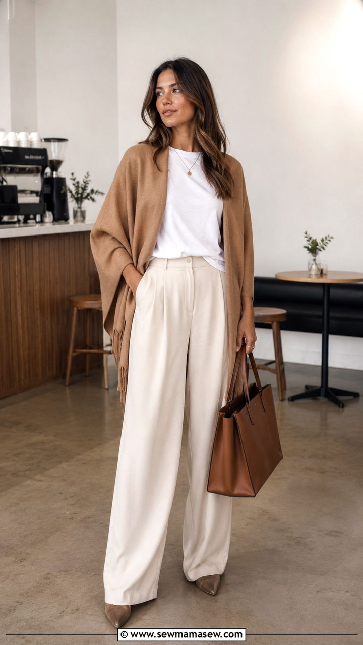 Cashmere Wrap Over a Simple Tee and Relaxed Trousers - 30 transitional casual outfit ideas