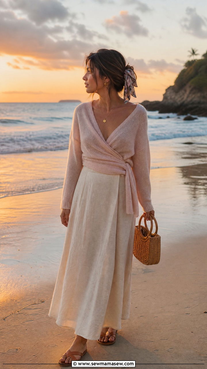 Cashmere Wrap Sweater And Linen Maxi Skirt Outfit - 30 Coastal grandmother spring outfits