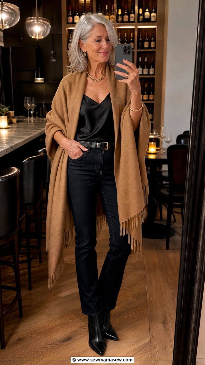 Cashmere Wrap With Dark Wash Jeans For Women Over 60 - 30 Going out outfit ideas women over 60