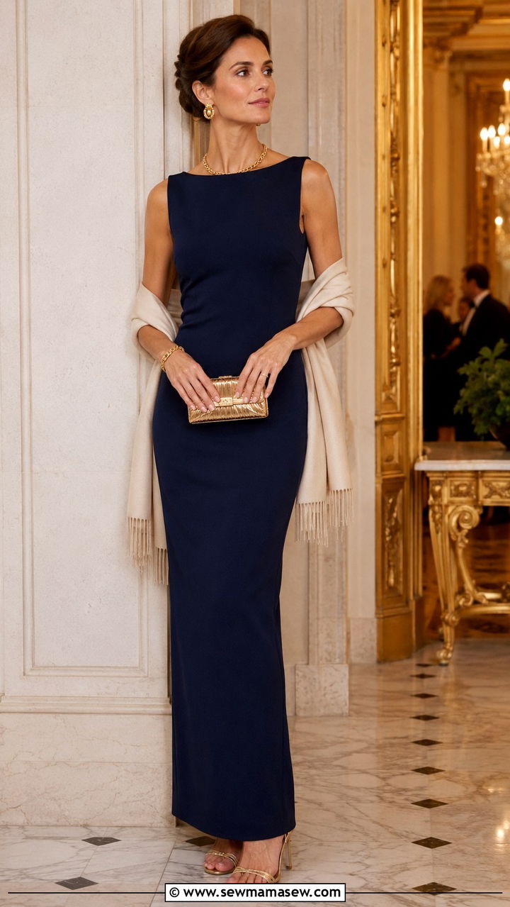Cashmere Wrap With Navy Evening Dress And Gold Minaudiere - 25 Old money outfit ideas with gold jewelry