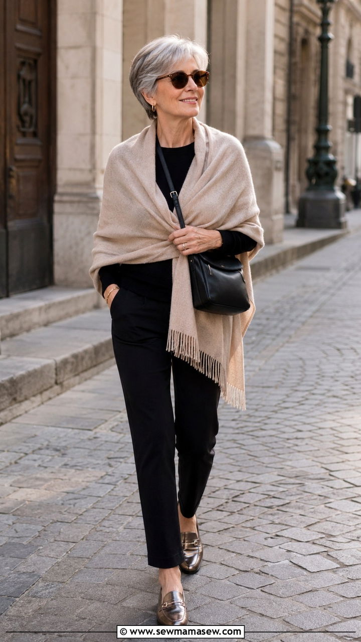 Cashmere Wrap and Black Ponte Pants Solo Travel Look - 30 Travel outfit ideas for women over 60