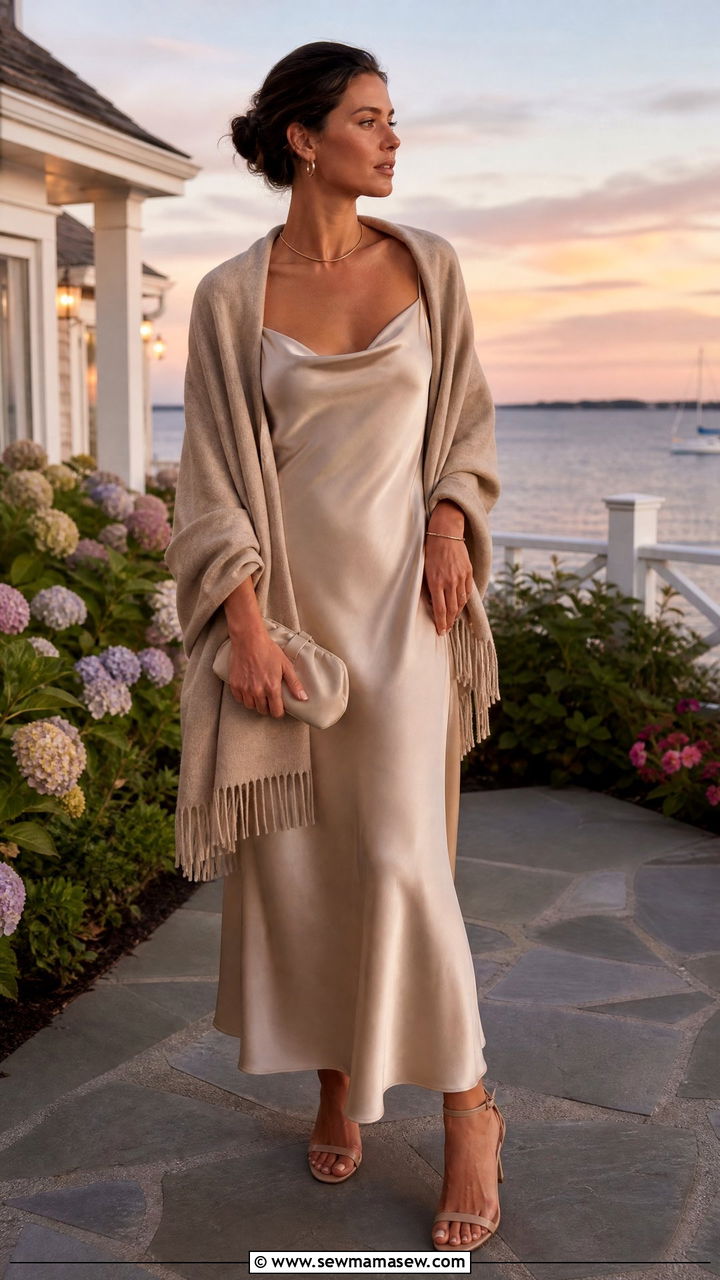 Cashmere Wrap and Silk Slip Dress Cape Cod Evening - 25 Old money outfit ideas for Cape Cod