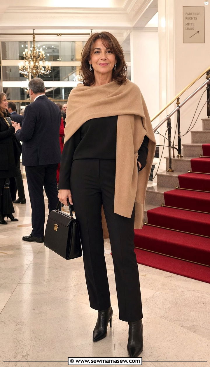 Cashmere Wrap and Tailored Pants Look - 25 Stealth wealth outfit ideas for women over 40