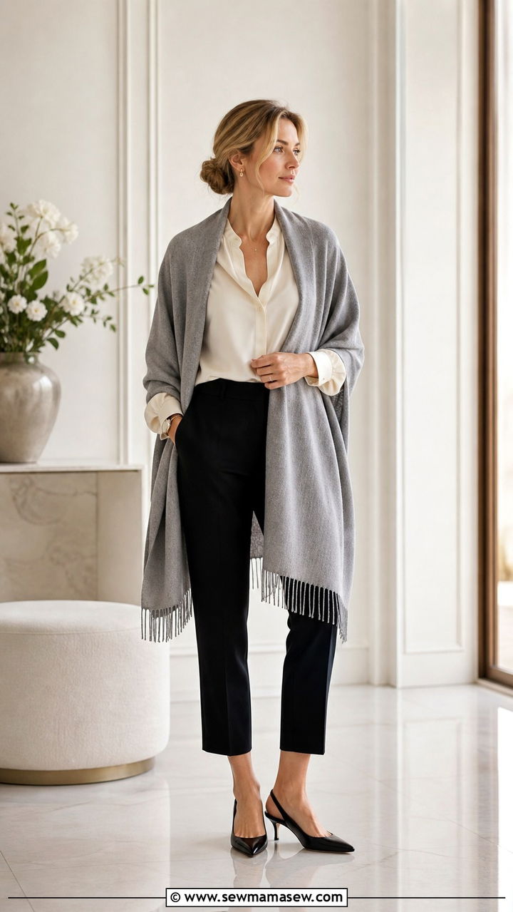 Cashmere Wrap with Silk Blouse and Cropped Pants - 40 transitional outfits