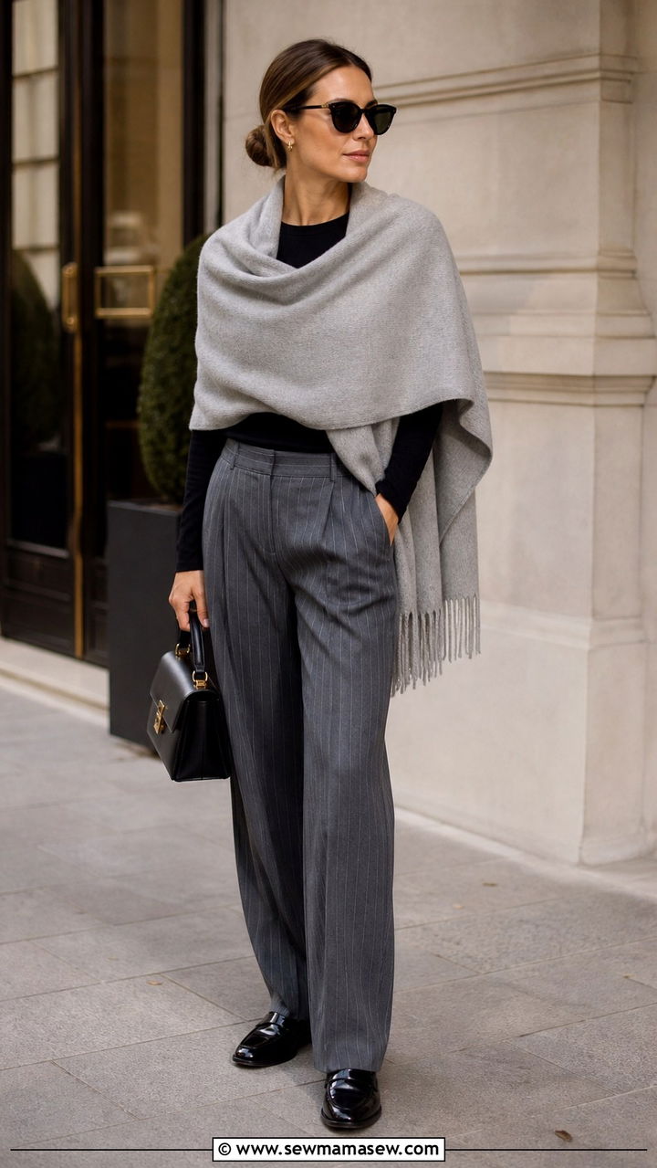 Cashmere Wrap with Tailored Trousers and Loafers - 40 Cozy spring outfits