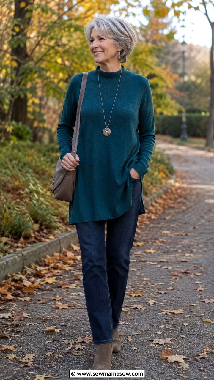 Cashmere blend tunic with dark wash jeans - 30 Chic outfits for women over 60
