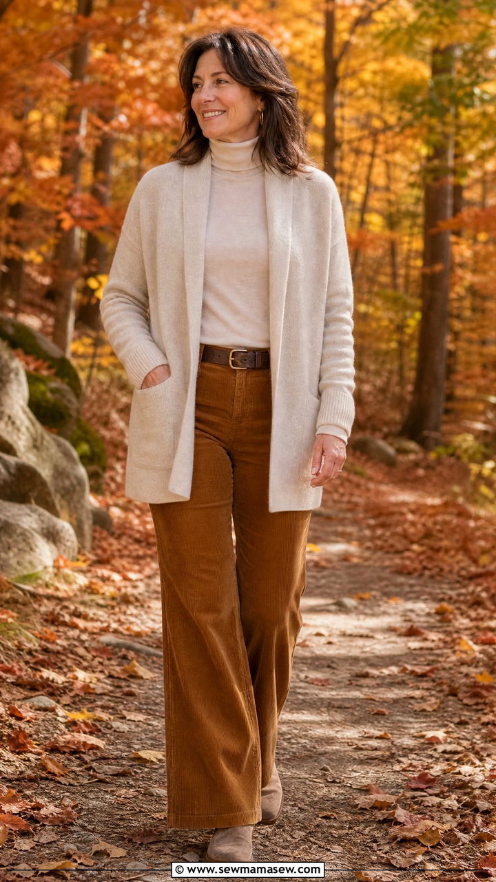 Cashmere cardigan and corduroy pants - 35 Mature woman outfit ideas