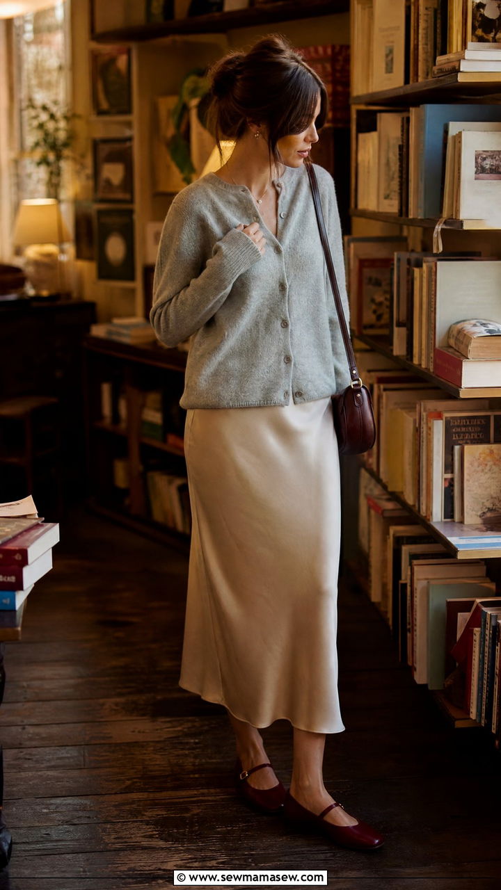Cashmere cardigan and slip skirt with Mary Janes look - 25 librarian core outfits 2026