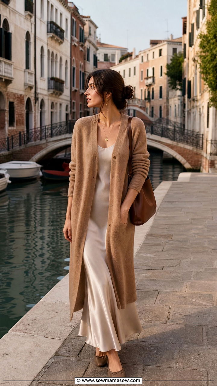 Cashmere cardigan and slip skirt with ballet flats - 35 Italy spring outfit ideas