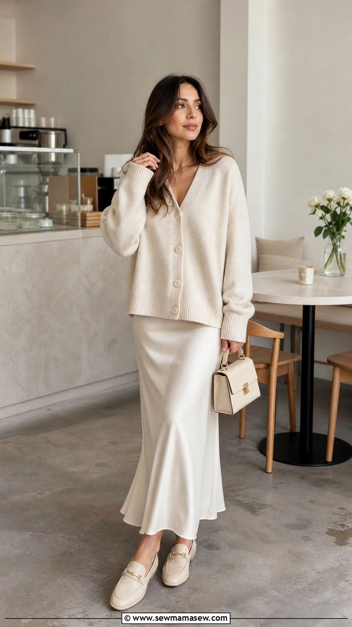 Cashmere cardigan and slip skirt with loafers - 25 Old money outfit ideas with loafers