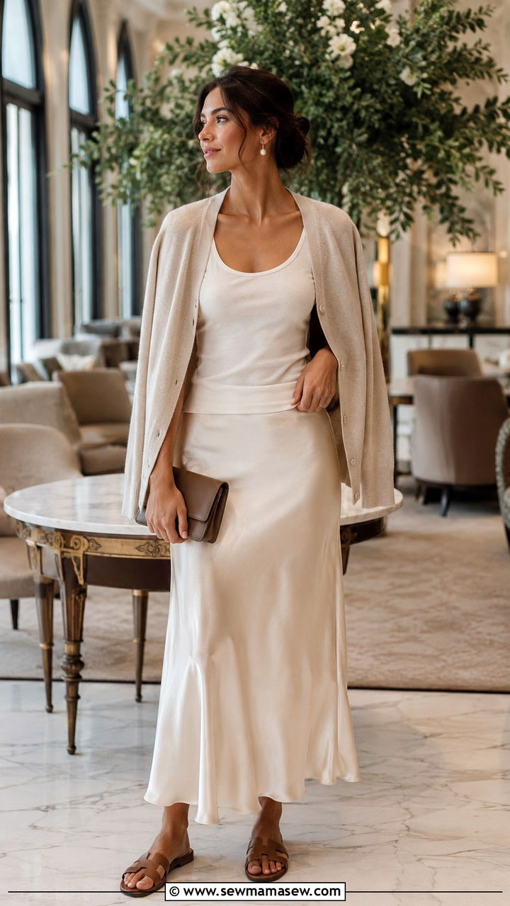 Cashmere cardigan with slip skirt outfit - 30 Old money outfit ideas 2026