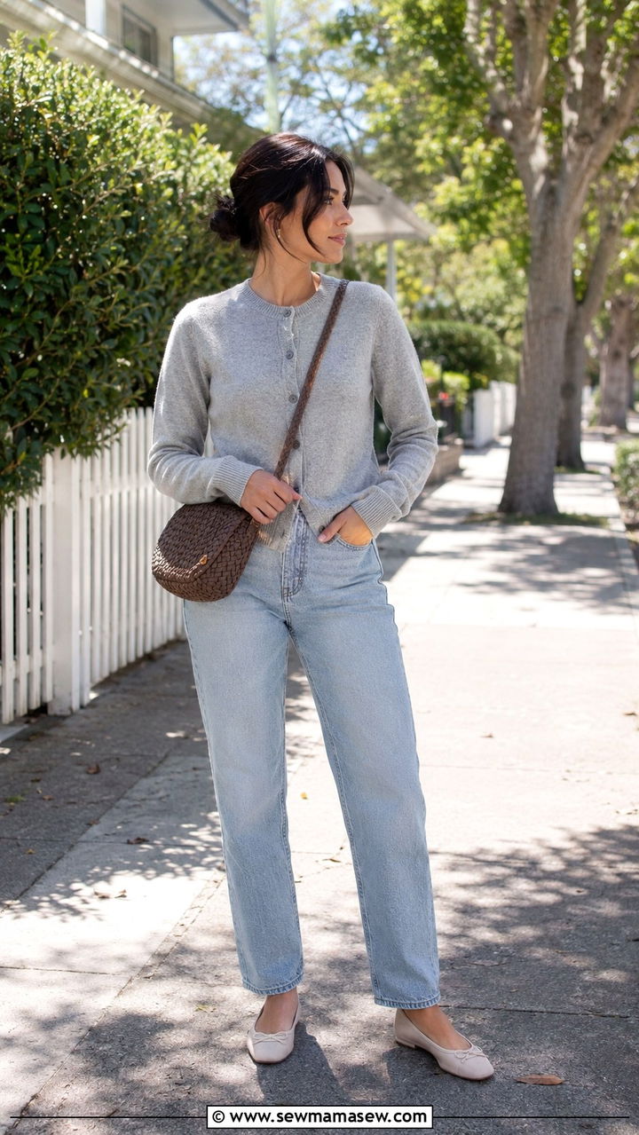 Cashmere cardigan with straight leg denim - 25 windy day outfits 2026