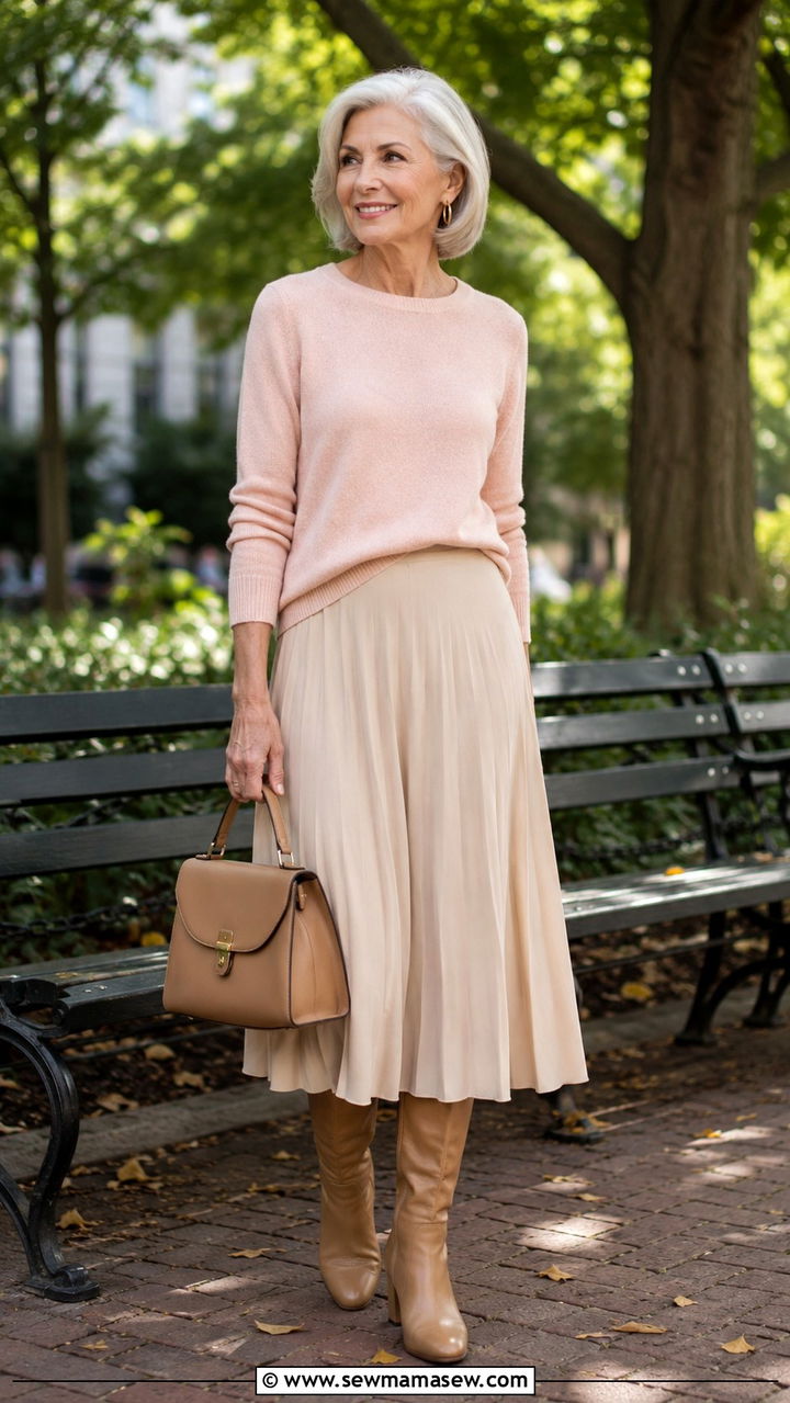 Cashmere crew neck with a midi skirt - 25 Modest outfits for women over 60