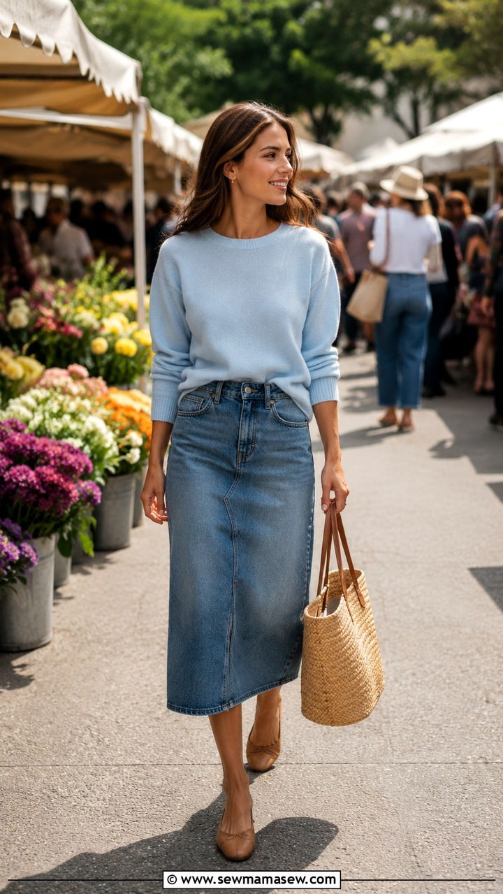 Cashmere crew neck with denim midi skirt and ballet flats - 30 Midi skirt outfit ideas with a sweater