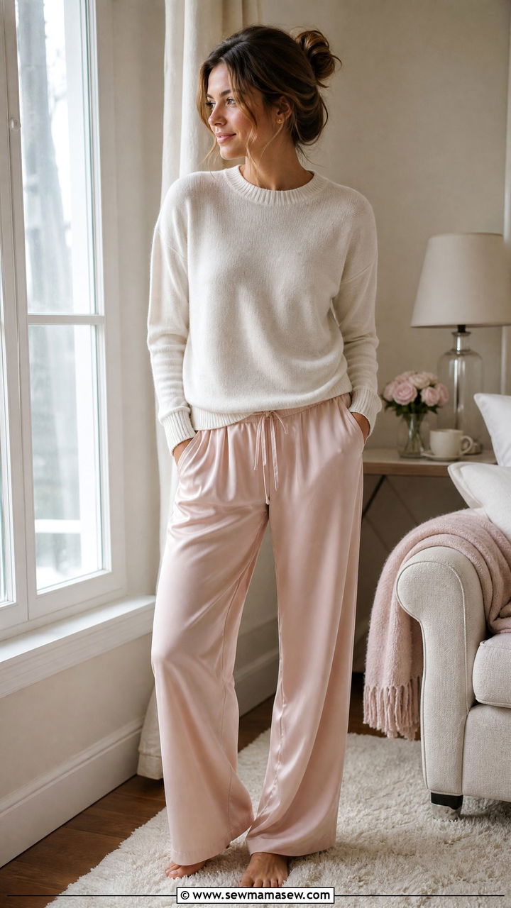 Cashmere crewneck and silk pajama pants - 30 Cozy at home outfit ideas