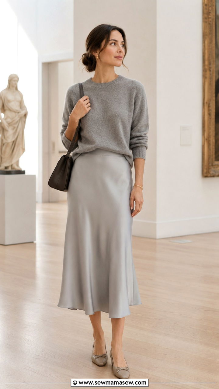 Cashmere crewneck sweater with midi skirt outfit - 25 Quiet luxury outfit ideas for women over 40