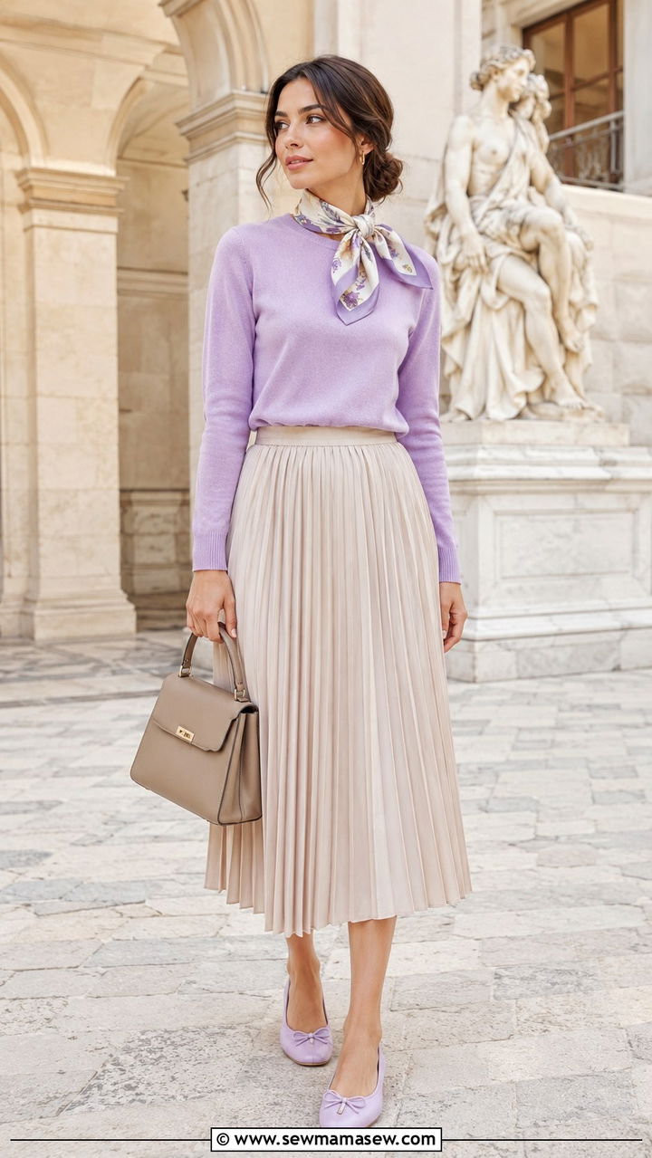 Cashmere crewneck with a pleated midi skirt and ballet flats - 30 Spring capsule wardrobe
