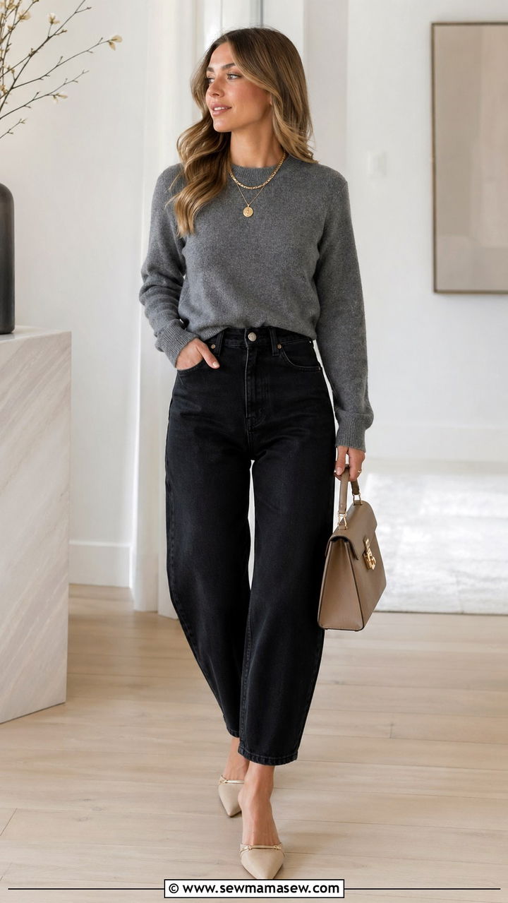 Cashmere crewneck with barrel jeans and pointed toe mules - 25 Barrel jeans outfit ideas with a sweater